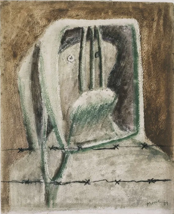 Framed Print : MOORE, Henry (1898-1986). Spanish Prisoner. 1939. Work referred to the Spanish Civil War. Coal and plaster cast drawing. Drawing. Private Collection