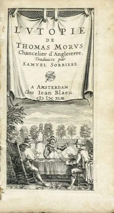 Framed Print : MORE, Sir Thomas (1478-1535). Illustrated front page of an edition of 'L'Utopie' (Utopia) by Thomas More, published in Amsterdam in 1643. Engraving. SPAIN