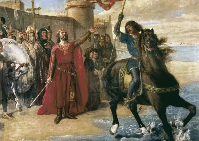Framed Print : MORENO, Matas (1840-1906). Alfonso X Taking Possession of the Sea, after the Conquest of Cadiz. 1866. Oil on canvas. SPAIN. Madrid. Senate Palace