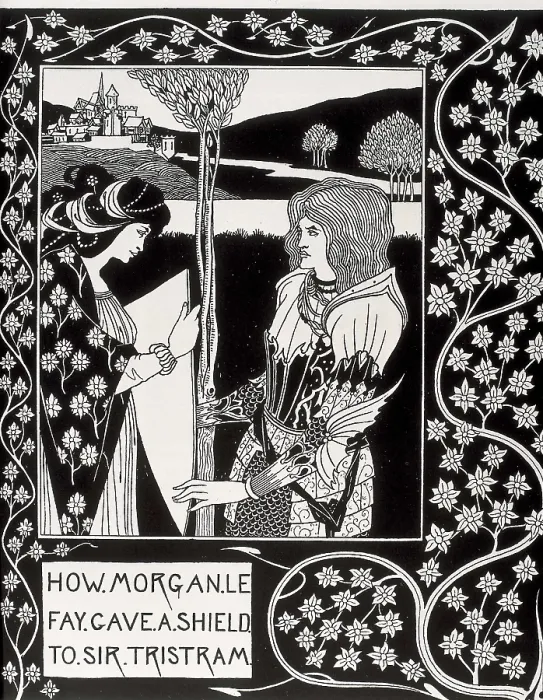 Framed Print : How Morgan le Fay gives a shield to Tristan. Engraving of 'The Death of Arthur' by Sir Thomas Malory, edition illustrated by Aubrey Beardsley (1892-1894). Modernism