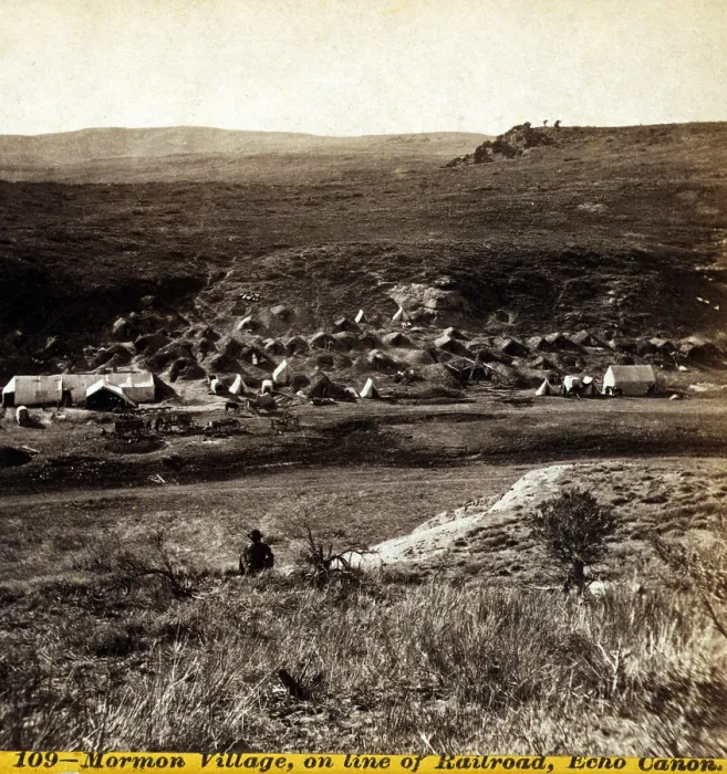 Framed Print : Mormon village, on line of railroad, Echo Canon, stereocard, 1868