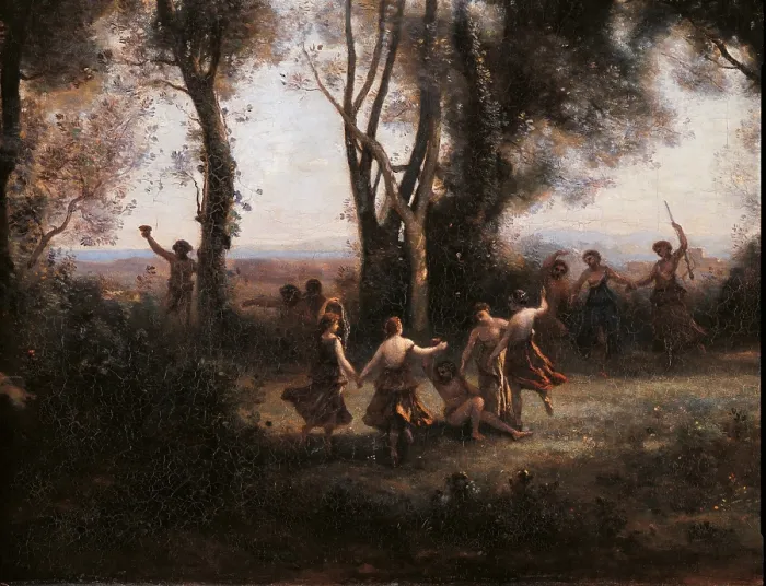 Framed Print : Morning. The nymphs dance, by Jean-Baptiste-Camille Corot, 1850, 19th Century, oil on canvas, cm 98 x 131 - France, Ile de France, Paris, Muse dOrsay. Detail