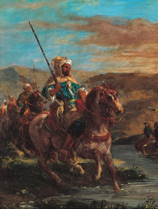 Framed Print : Moroccan Horsemen Crossing a Ford, by Eugne Delacroix, 1858, 19th Century, oil on canvas, cm 60 x 73 - France, Ile de France, Paris, Muse dOrsay. Detail