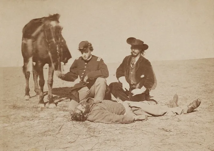 Framed Print : MORRRISON, A WOLF HUNTER, KILLED NEAR FORT DODGE. A US Army officer and civilian scout examine the scalped head of a victim of Cheyenne Indians in Kansas (BSLOC_2019_9_96)