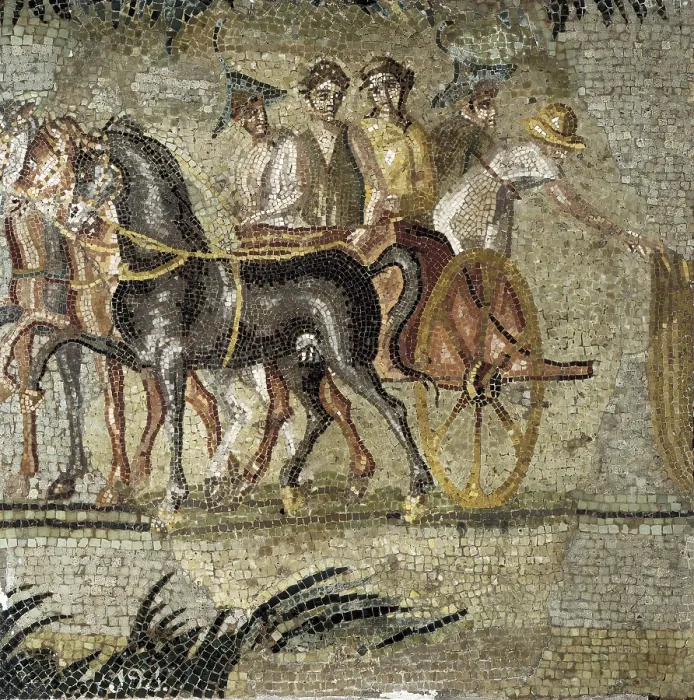 Framed Print : Mosaic with circus scene. 310. Roman art. Late Empire. Mosaic. SPAIN. Barcelona. Archaeology Museum of Catalonia. Proc: SPAIN. Barcelona