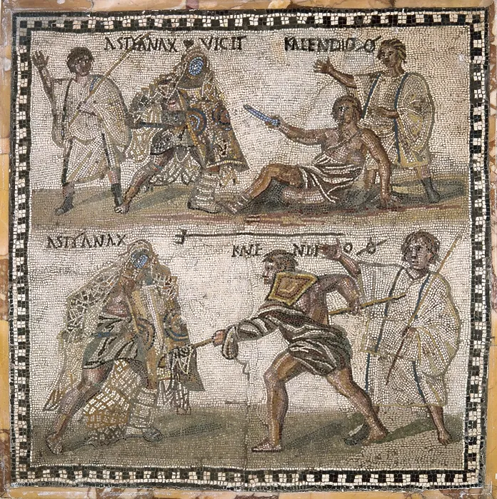 Framed Print : Mosaic of gladiators, third century. Two scenes with the victory of decutor (armor, helmet, shield and sword) Astyanax, on retiarius (net, trident and dagger) Kalendio Framed Print : Mosaic of gladiators, third century. Two scenes with the victory of decutor (armor, helmet, shield and sword) Astyanax, on retiarius (net, trident and dagger) Kalendio