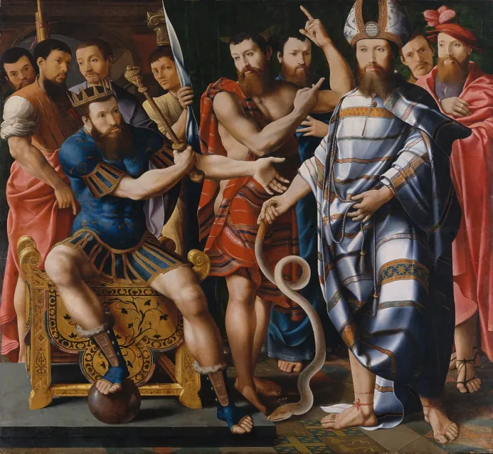 Framed Print : MOSES AND AARON BEFORE PHARAOH: AN ALLEGORY OF THE DINTEVILLE FAMILY, 1537, French painting Framed Print : MOSES AND AARON BEFORE PHARAOH: AN ALLEGORY OF THE DINTEVILLE FAMILY, 1537, French painting
