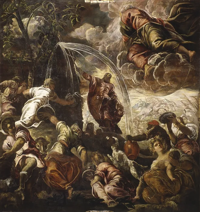 Framed Print : Moses Drawing Water from the Rock, by Jacopo Robusti called Tintoretto, 1577, 16th century, fresco. - Italy, Veneto, Venice, Scuola Grande di San Rocco. Whole artwork view Framed Print : Moses Drawing Water from the Rock, by Jacopo Robusti called Tintoretto, 1577, 16th century, fresco. - Italy, Veneto, Venice, Scuola Grande di San Rocco. Whole artwork view