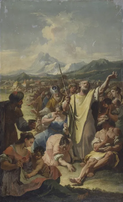 Framed Print : Moses implores the fall of the manna, by Francesco Fontebasso, 18th Century, canvas - Italy, Trentino Alto Adige, Trento, Castello del Buonconsiglio. Whole artwork view