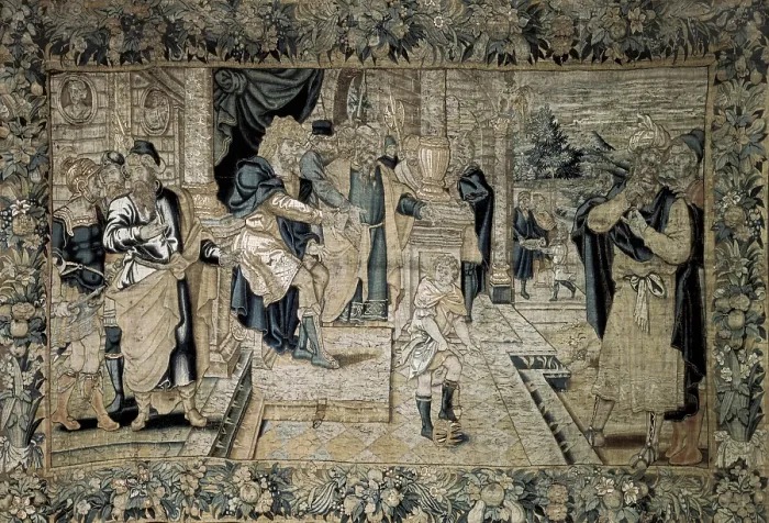 Framed Print : Moses playing with the crown of the pharaoh (16th c.). Flemish art. Tapestry. SPAIN. Zaragoza. Zaragoza University Library. AISA / Everett Collection**US SALES ONLY**
