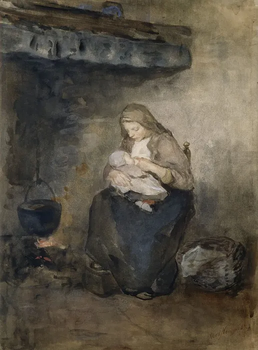 Framed Print : Mother Suckles her Child by the Fire, by Albert Neuhuys, c. 1890-1910. Dutch watercolor. Rural mother breat feeding her child near hearth with cooking pot. (BSLOC_2016_1_71)
