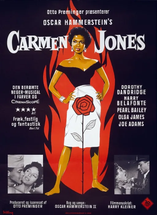 Framed Print : Motion picture poster for CARMEN JONES, shows Dorothy Dandridge as Carmen and Harry Belafonte in scenes from the film