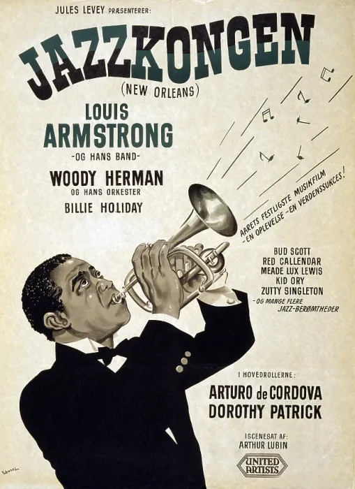 Framed Print : Motion picture poster for Swedish release of NEW ORLEANS (1947), showing star Louis Armstrong playing the trumpet. Bessie Smith and Woody Herman are also listed as cast members Framed Print : Motion picture poster for Swedish release of NEW ORLEANS (1947), showing star Louis Armstrong playing the trumpet. Bessie Smith and Woody Herman are also listed as cast members