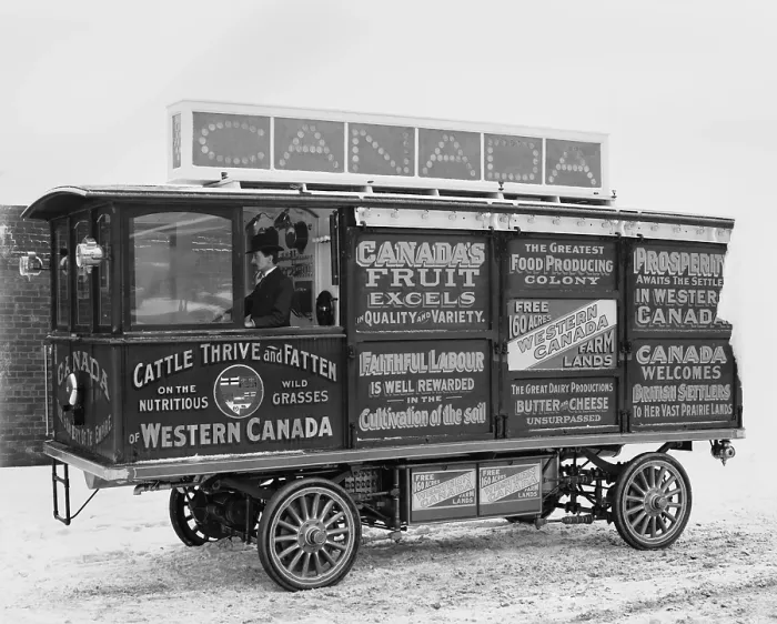 Framed Print : Motor Car of the Canadian Government Colonization Company promoting settlement in agriculture lands, c. 1900