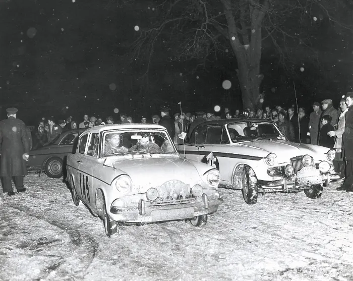 Framed Print : Motoring (1963). Rally racing in England. The Scottish racer D. B. Kinnon, driving a Ford, leaves the chekpoint in East Grinstead and goes to Dover