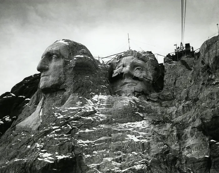 Framed Print : Mount Rushmore sculptures of Washington and Jefferson with finished faces ca. 1935. Their hair is still in rough form. Photo by Charles d'Emery. (BSLOC_2013_8_259)