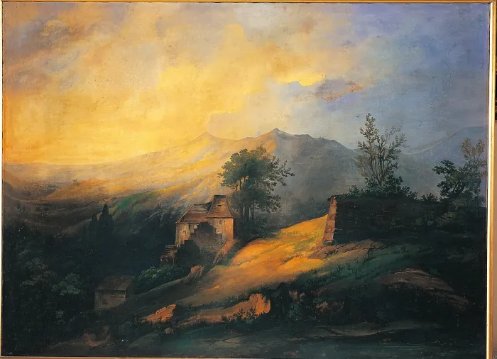 Framed Print : Mountain Landscape, by Anonymous artist, 19th Century, oil on canvas, cm 91 x 124, 5 - Italy, Lombardy, Milan, Archbishops Palace, inv. 544. All clouds sky mountain houses trees