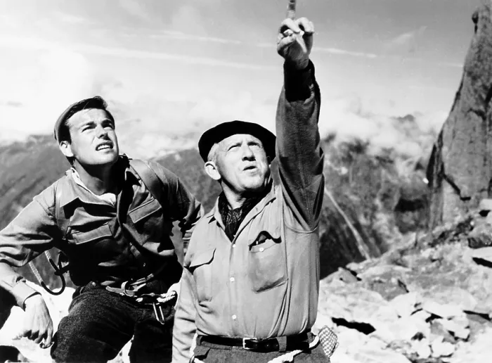Framed Print : THE MOUNTAIN, from left, Robert Wagner, Spencer Tracy, 1956