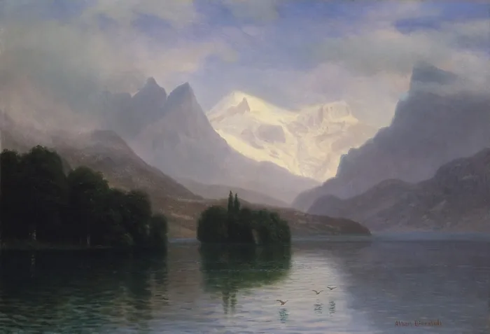Framed Print : MOUNTAIN SCENE, by Albert Bierstadt, 1880-90, American painting, oil on paper. Bierstadt worked in close collaboration with photographers