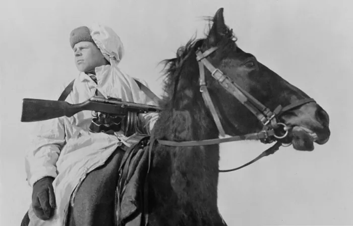Framed Print : A mounted Russia scout with the Red Army in Feb. 1942