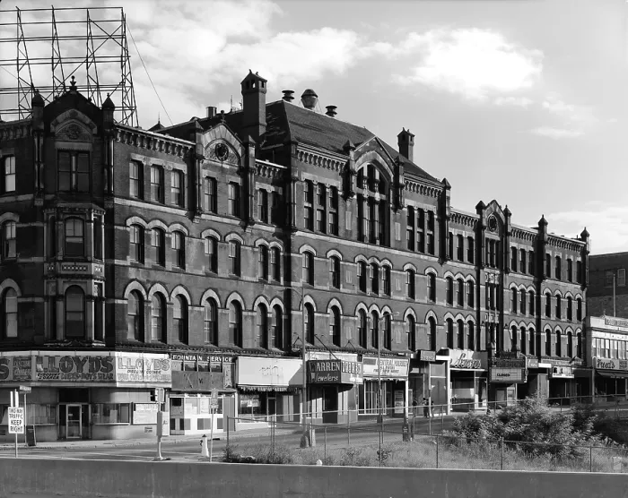 Framed Print : Movie Theaters, Academy Building, Academy theater is to the right, constructed in 1876, 68-114 South Main Street, Fall River, Massachusetts, circa 1980s