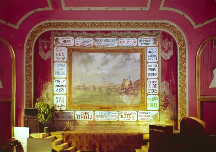 Framed Print : Movie Theaters, The Atlas Theater, detail of stage and painted curtain, constructed 1907, 213 West Sixteenth Street, Cheyenne, Wyoming, circa 1974