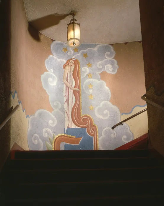 Framed Print : Movie Theaters, The Washoe Theater, interior detail of mural at stairway, designed by B. Marcus Priteca, 305 Main Street, Anaconda, Montana, circa 1994