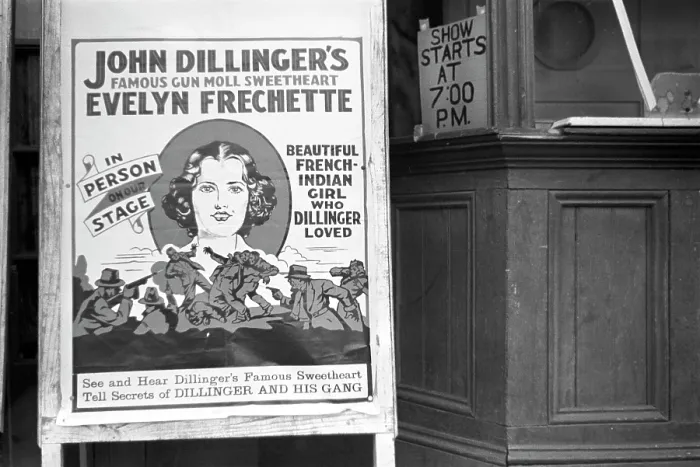 Framed Print : Movie theatre in Hillsboro, sandwichboard advertising an appearance by Evelyn Frechette, North Carolina, photograph by John Vachon, April, 1938