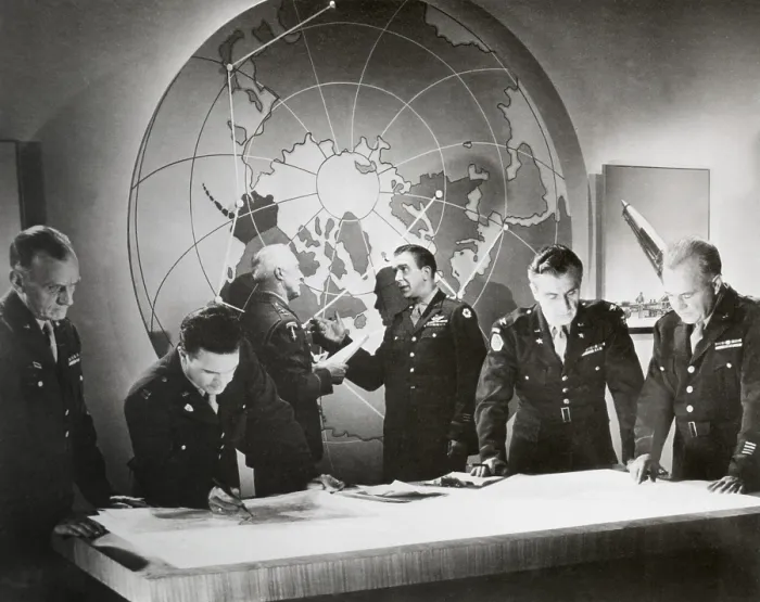 Framed Print : Movie still from a U.S. Army film about a hypothetical attack using an atomic bomb, Nov. 1948. Scene of Army generals in a nuclear war room. (BSLOC_2015_2_32)