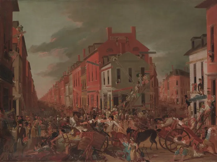 Framed Print : MOVING DAY IN OLD NEW YORK, by Unknown Artist, 1827, American painting, oil on wood panel