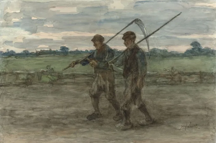 Framed Print : Mowers, by Jozef Israels, c 1860-1910, Dutch painting, watercolor on paper. Two male harvesters walk in a field, carrying their scythes (BSLOC_2016_2_297)