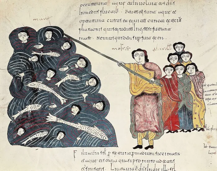 Framed Print : Mozarabic Bible. 10th c. Book of Exodus. Moses closes the pass of the Red Sea to the Egyptians. Mozarabic art. Miniature Painting. SPAIN. Len