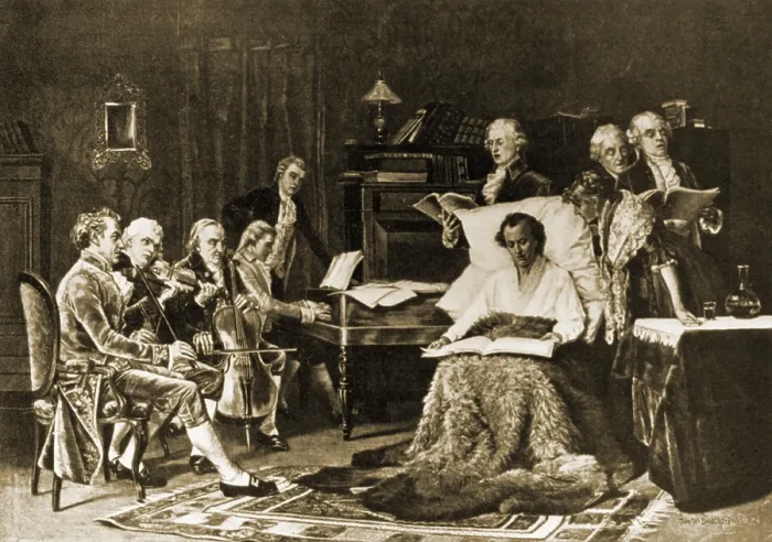 Framed Print : Mozart (1756-1791) in bedchair during his fatal illness, singing his requiem. In 1891 Mozart was commissioned to compose a requiem, which he left incomplete at his death Framed Print : Mozart (1756-1791) in bedchair during his fatal illness, singing his requiem. In 1891 Mozart was commissioned to compose a requiem, which he left incomplete at his death