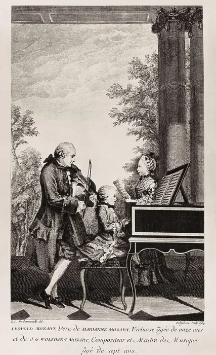 Framed Print : Mozart when he was 7 seven years old playing the harpsichord with his father Leopold and his sister Marianne. Etching. AISA / Everett Collection**US SALES ONLY** Framed Print : Mozart when he was 7 seven years old playing the harpsichord with his father Leopold and his sister Marianne. Etching. AISA / Everett Collection**US SALES ONLY**