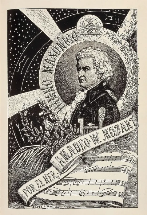 Framed Print : MOZART, Wolfgang Amadeus (1756-1791). Portrait of Mozart included in the 'Encyclopedic Dictionary of the Masonry'. Engraving. SPAIN. Madrid. Loyola Center