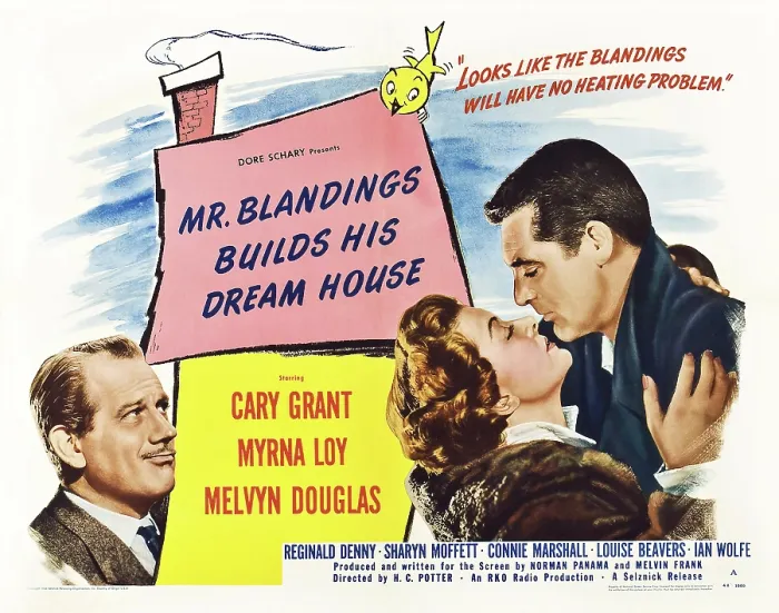 Framed Print : MR. BLANDINGS BUILDS HIS DREAM HOUSE, l-r: Melvyn Douglas, Myrna Loy, Cary Grant on poster art, 1948