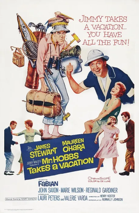 Framed Print : MR. HOBBS TAKES A VACATION, US poster art, left to right: James Stewart, Maureen O'Hara, caricature of James Stewart, James Stewart, Maureen O'Hara, Marie Wilson, Fabian Framed Print : MR. HOBBS TAKES A VACATION, US poster art, left to right: James Stewart, Maureen O'Hara, caricature of James Stewart, James Stewart, Maureen O'Hara, Marie Wilson, Fabian
