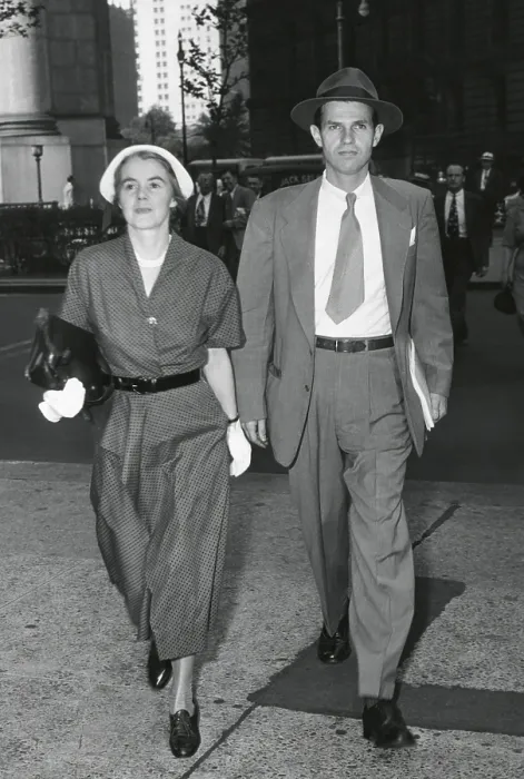 Framed Print : Mr. and Mrs. Alger Hiss arrive at Federal Court, NYC on July 6, 1949. The jury was deadlocked and Hiss was released on $5, 000 bail and would face a second trial Framed Print : Mr. and Mrs. Alger Hiss arrive at Federal Court, NYC on July 6, 1949. The jury was deadlocked and Hiss was released on $5, 000 bail and would face a second trial