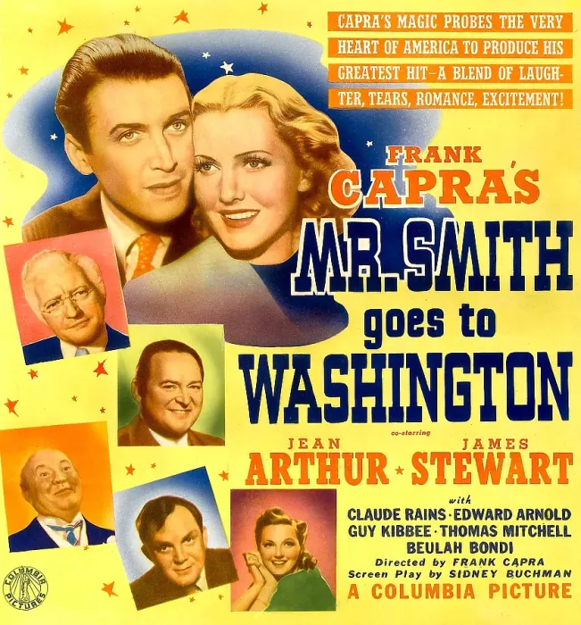 Framed Print : MR. SMITH GOES TO WASHINGTON, top from left: James Stewart, Jean Arthur, left from top: Claude Rains, Edward Arnold, Guy Kibbe, Thomas Mitchell on window card, 1939