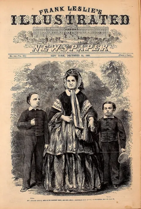 Framed Print : Mrs. Abraham Lincoln, wife of the President-elect, and sons, William and Thomas, on a newspaper front page