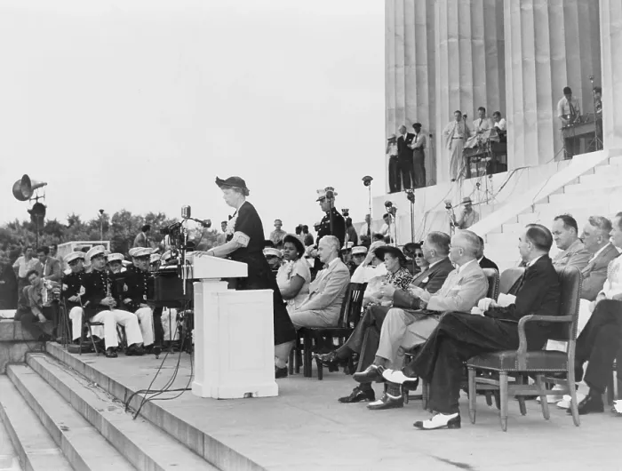 Framed Print : Mrs. Eleanor Roosevelt addressing the 38th annual conference of the National Association for the Advancement of Colored People from the steps of the Lincoln Memorial Framed Print : Mrs. Eleanor Roosevelt addressing the 38th annual conference of the National Association for the Advancement of Colored People from the steps of the Lincoln Memorial