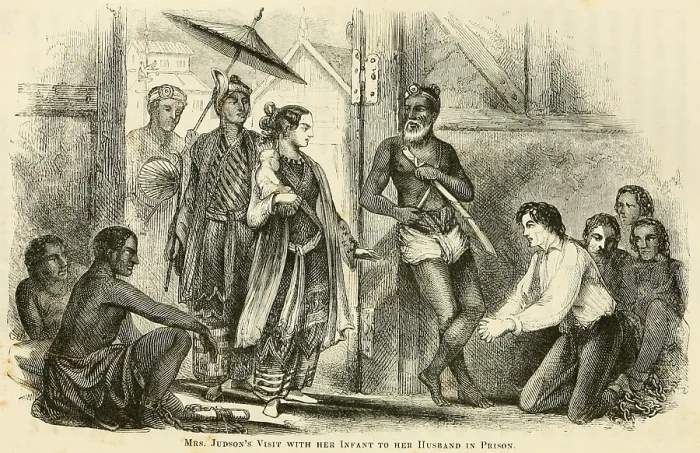 Framed Print : Mrs. Judson's visit with her infant son to her husband in prison. He was arrested during the First Anglo-Burmese War of 1824 and imprisoned for 20 months Framed Print : Mrs. Judson's visit with her infant son to her husband in prison. He was arrested during the First Anglo-Burmese War of 1824 and imprisoned for 20 months