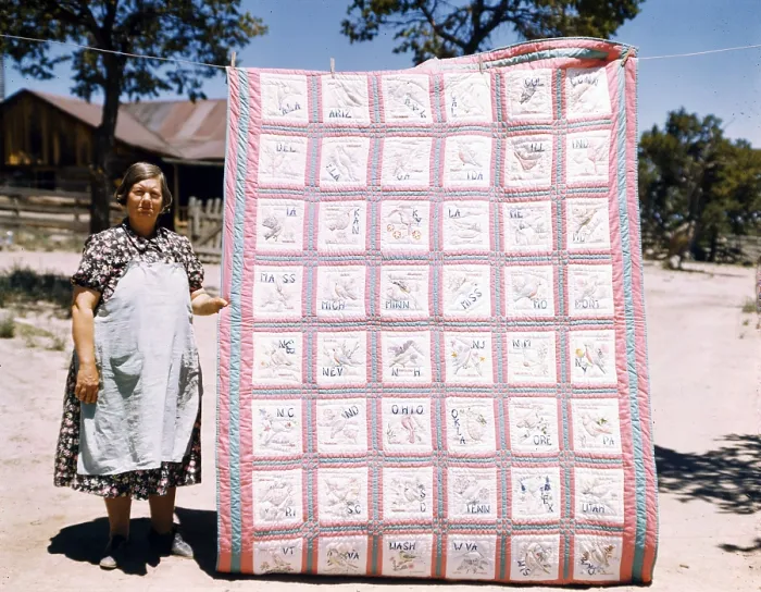 Framed Print : Mrs. Bill Stagg with state quilt that she made, Pie Town, New Mexico. October, 1940. Russel Lee, photographer