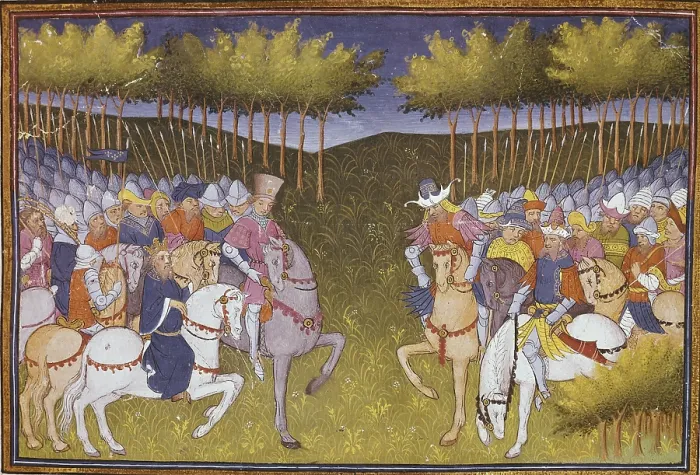 Framed Print : Ms 490. Folio 63r. Roman of Ogier the Dane (Ogier le Danois), legendary character of the 8th century. Encounter of two armies. Prose chronicle ca