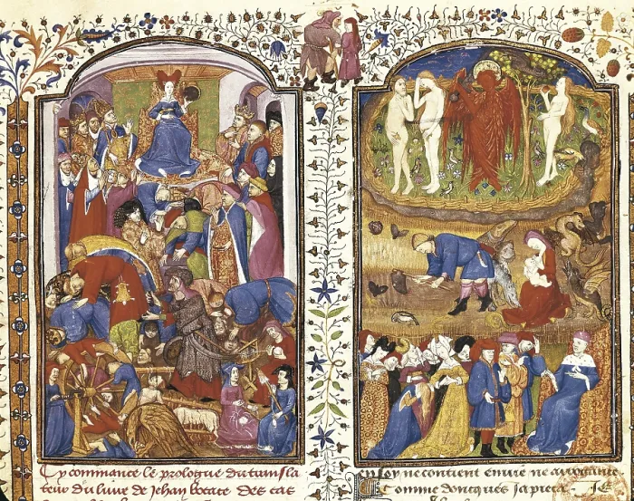 Framed Print : Ms 858 (487). Folio 1. Prologue. Allegory of Fortune and Adam and Eve in Garden of Eden Framed Print : Ms 858 (487). Folio 1. Prologue. Allegory of Fortune and Adam and Eve in Garden of Eden