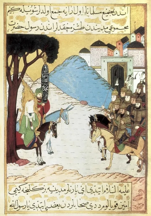Framed Print : Muhammad and the Meccans at Medina. Miniature from the Siyer-i Nebi (Life of the Prophet) Turkish epic about the life of Muhammad, written ca