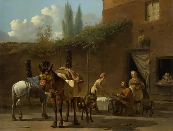 Framed Print : Muleteers at an Inn, by Karel Dujardin, 1658-60, Dutch painting, oil on panel. Italianate scene at an inn, where a man traveling with loaded mules dines