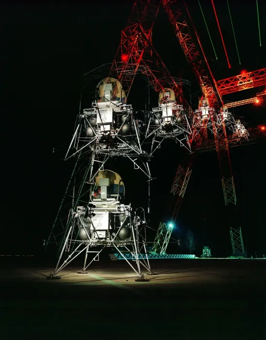 Framed Print : Multiple exposure of a simulated Moon landing of the Lunar Lander at NASA's Langley's Research Facility. April 11, 1967