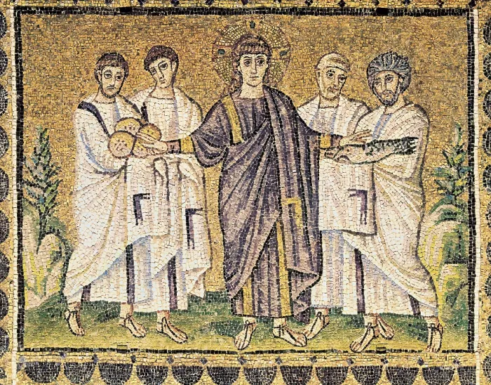 Framed Print : Multiplication of the loaves and fishes. 493 - 526. ITALY. Ravenna. Basilica of Sant'Apollinare Nuovo. Miracles and parables of Christ. Third upper upper scene in the apse