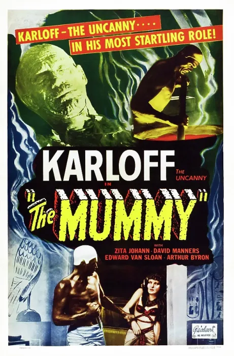 Framed Print : THE MUMMY, top left: Boris Karloff; top right: Noble Johnson; on bottom, left to right: Noble Johnson, Zita Johann on a 1951 re-issue poster, 1932 Framed Print : THE MUMMY, top left: Boris Karloff; top right: Noble Johnson; on bottom, left to right: Noble Johnson, Zita Johann on a 1951 re-issue poster, 1932